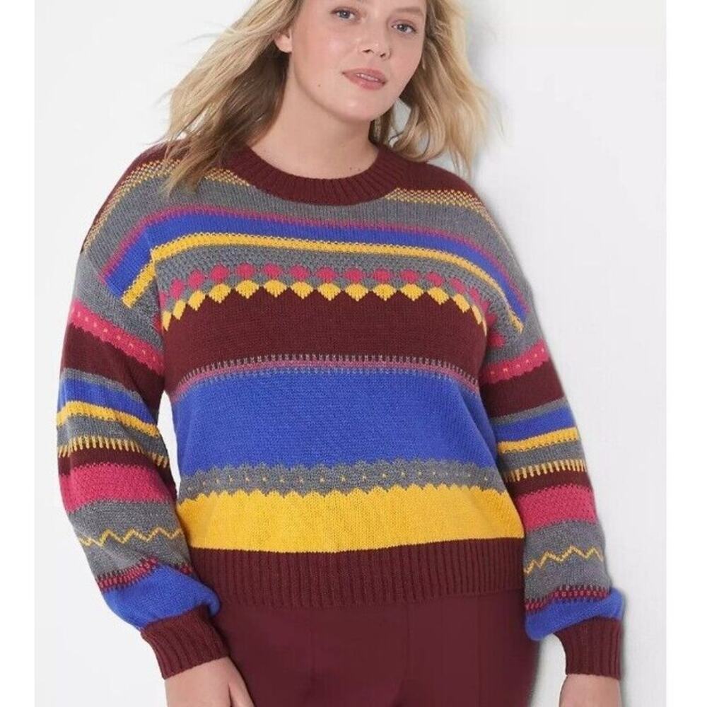 Lane Bryant Size 18/20 Multicolor Fair Isle Sweater Colorful Stripes Bright Bold